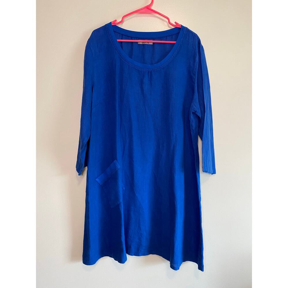 Flax Women's Blue Linen Shift Tunic Dress Lagenlook Coastal Grandma Oversized